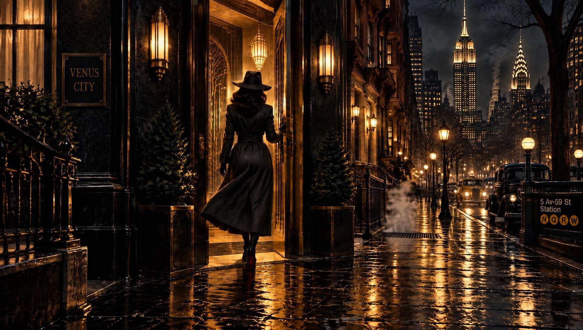 A woman in a hat and trench coat walking into a lamp-lit Venus City doorway on a rainy night